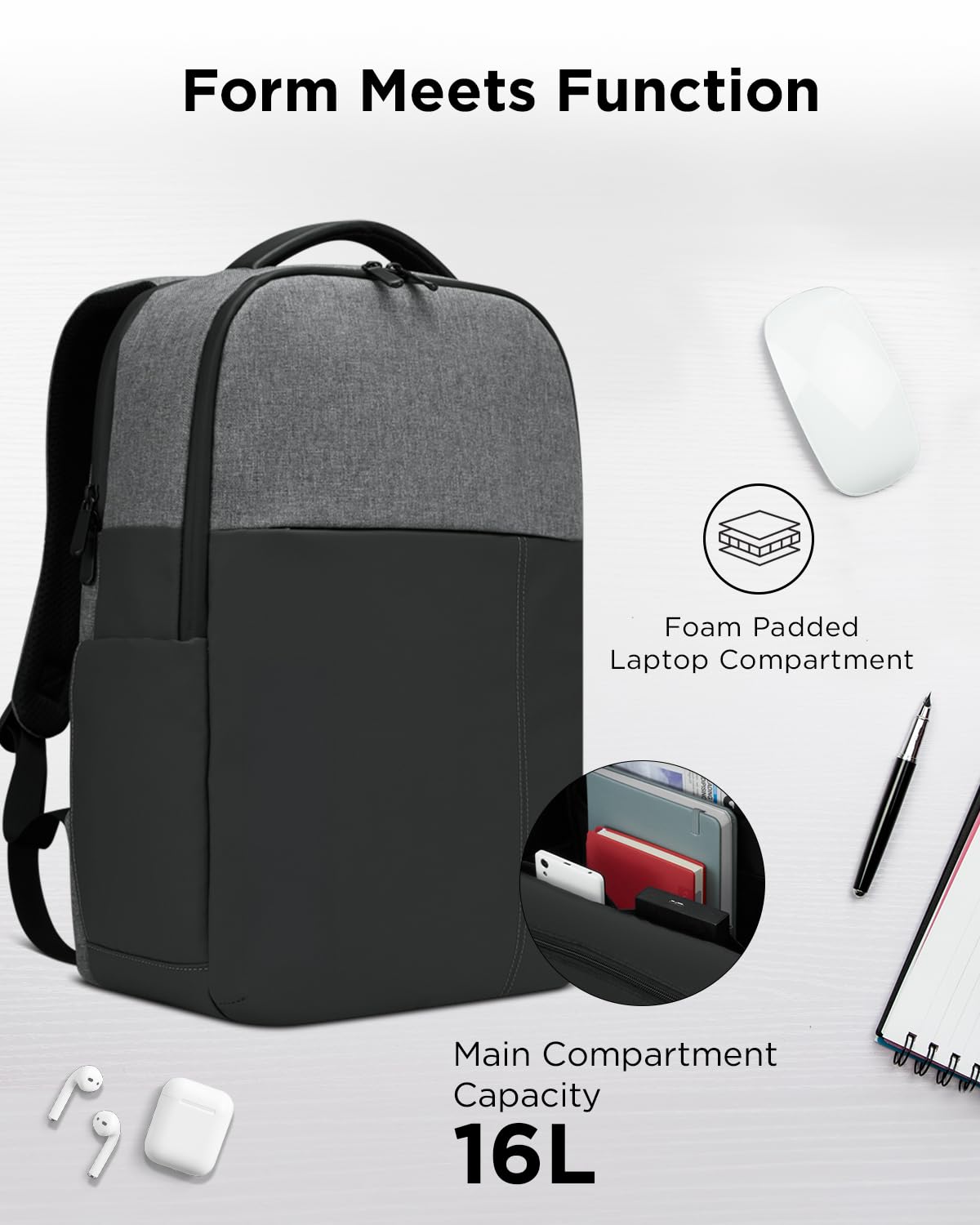 Lenovo 15.6-inch Laptop Backpack (B200) - 16L Capacity Padded Tablet & Computer Bag with 6 Pockets – Slim Everyday Water- Resistant Backpack, Grey - Image 3