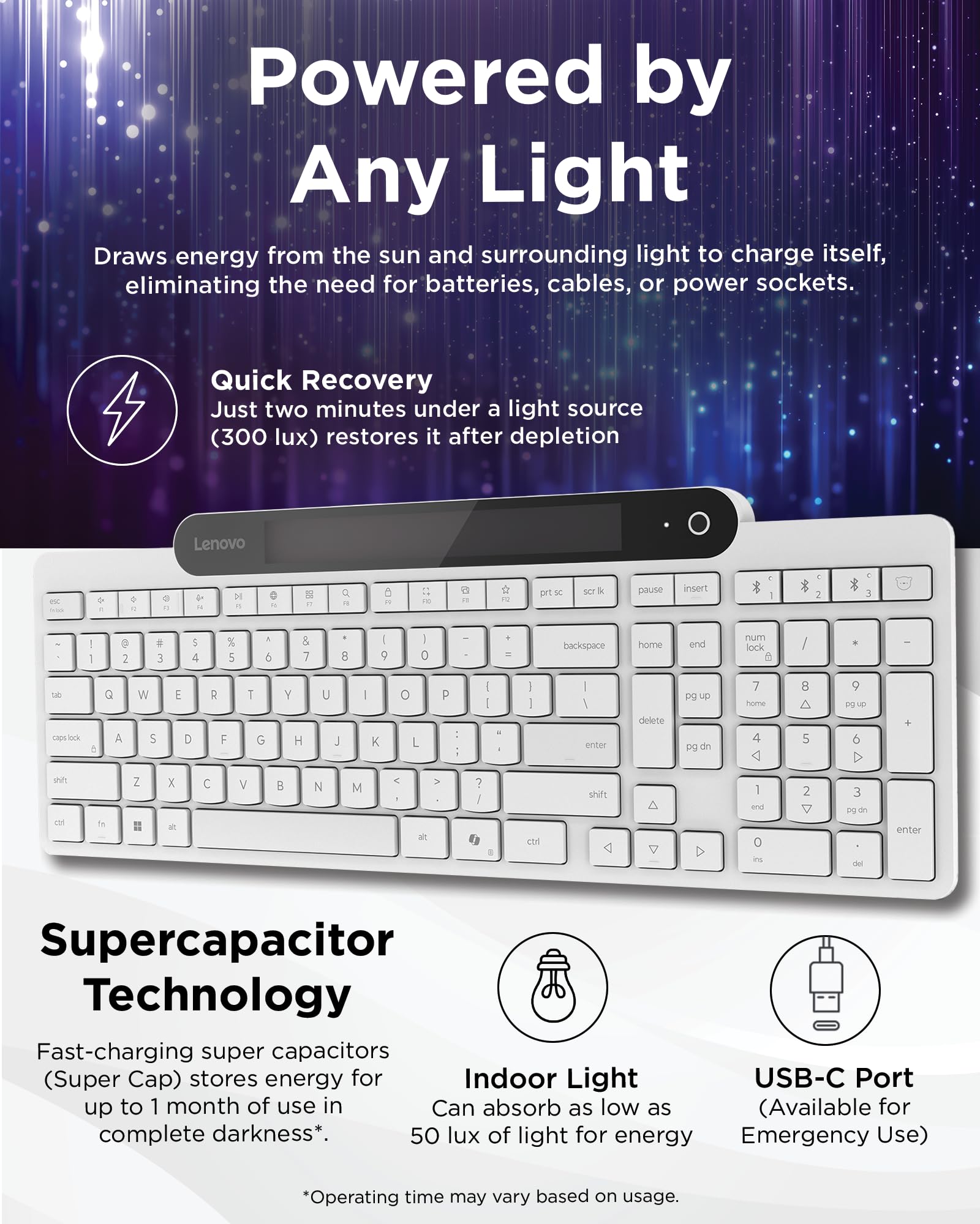 Lenovo 800 Self-Charging Bluetooth Keyboard, Uses Ambient Light for Charging, Bluetooth 5.1, Supports 3 Devices, Battery Free, Wireless, White - Image 3