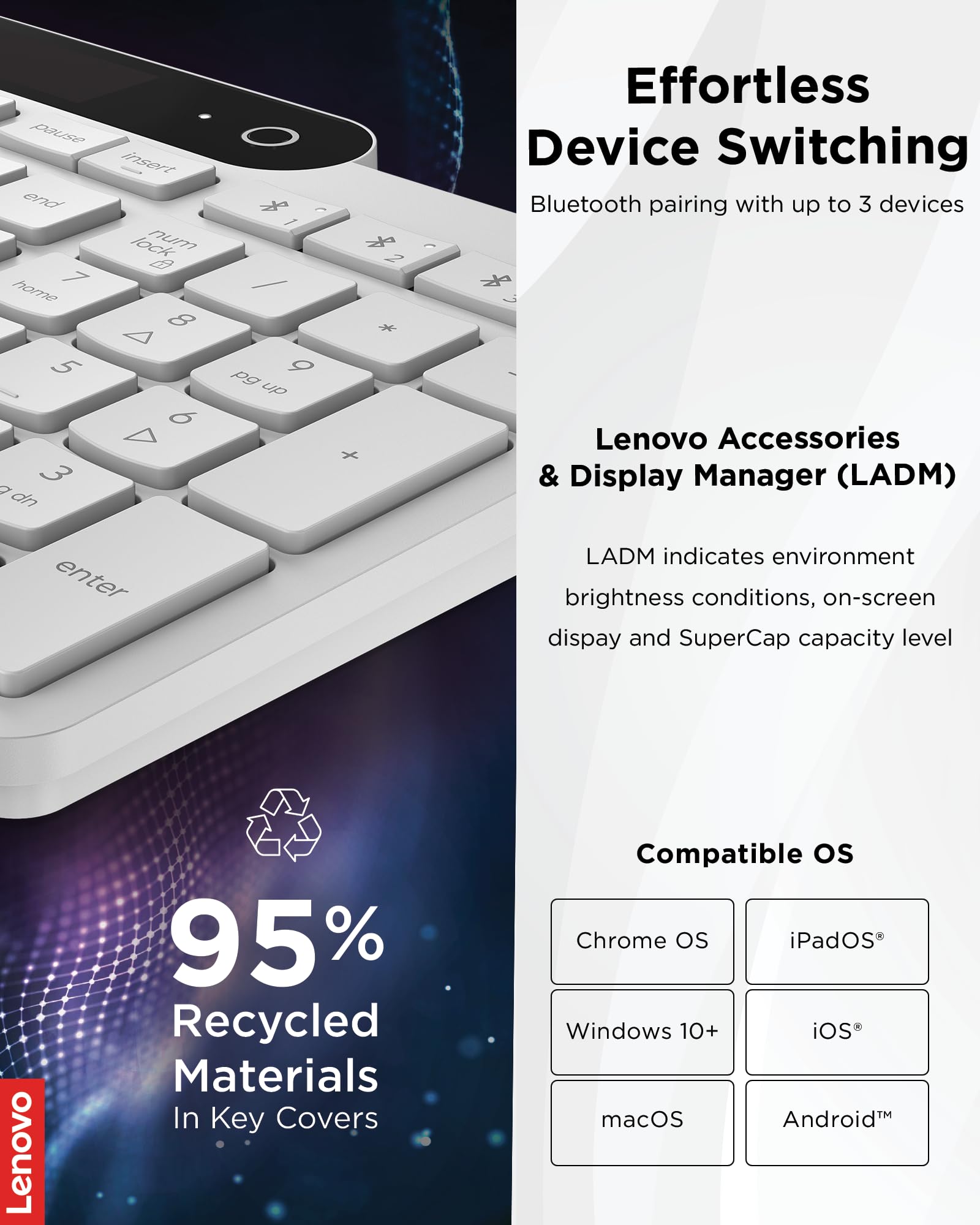 Lenovo 800 Self-Charging Bluetooth Keyboard, Uses Ambient Light for Charging, Bluetooth 5.1, Supports 3 Devices, Battery Free, Wireless, White - Image 4