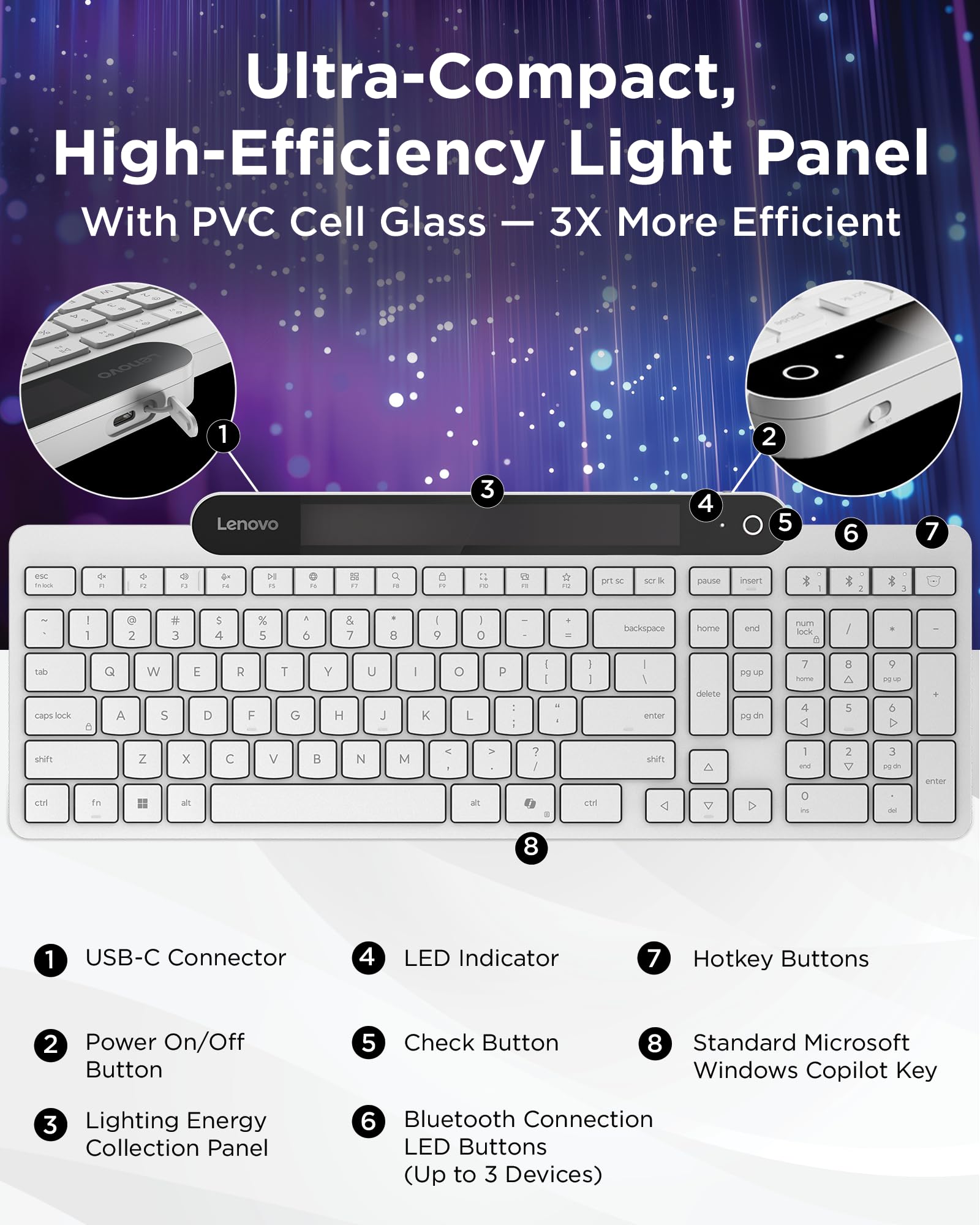 Lenovo 800 Self-Charging Bluetooth Keyboard, Uses Ambient Light for Charging, Bluetooth 5.1, Supports 3 Devices, Battery Free, Wireless, White - Image 5
