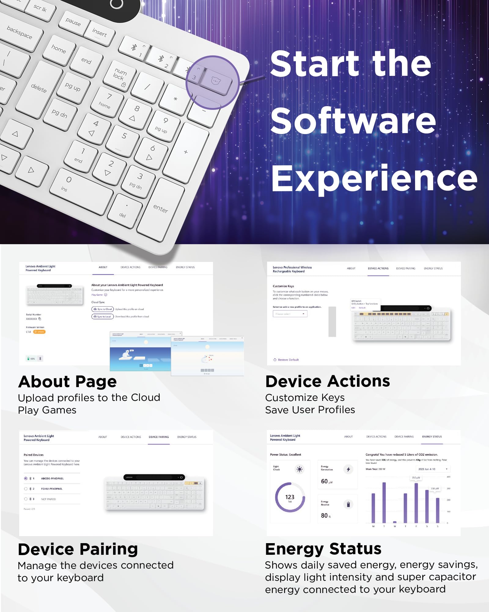 Lenovo 800 Self-Charging Bluetooth Keyboard, Uses Ambient Light for Charging, Bluetooth 5.1, Supports 3 Devices, Battery Free, Wireless, White - Image 6
