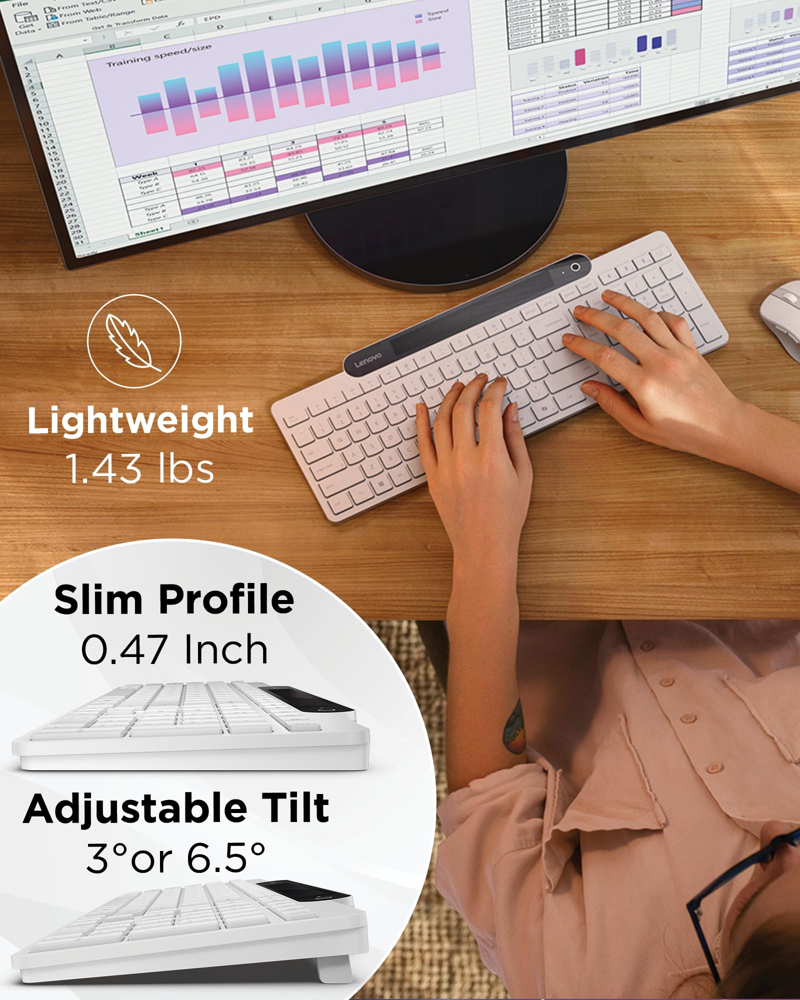 Lenovo 800 Self-Charging Bluetooth Keyboard, Uses Ambient Light for Charging, Bluetooth 5.1, Supports 3 Devices, Battery Free, Wireless, White - Image 7