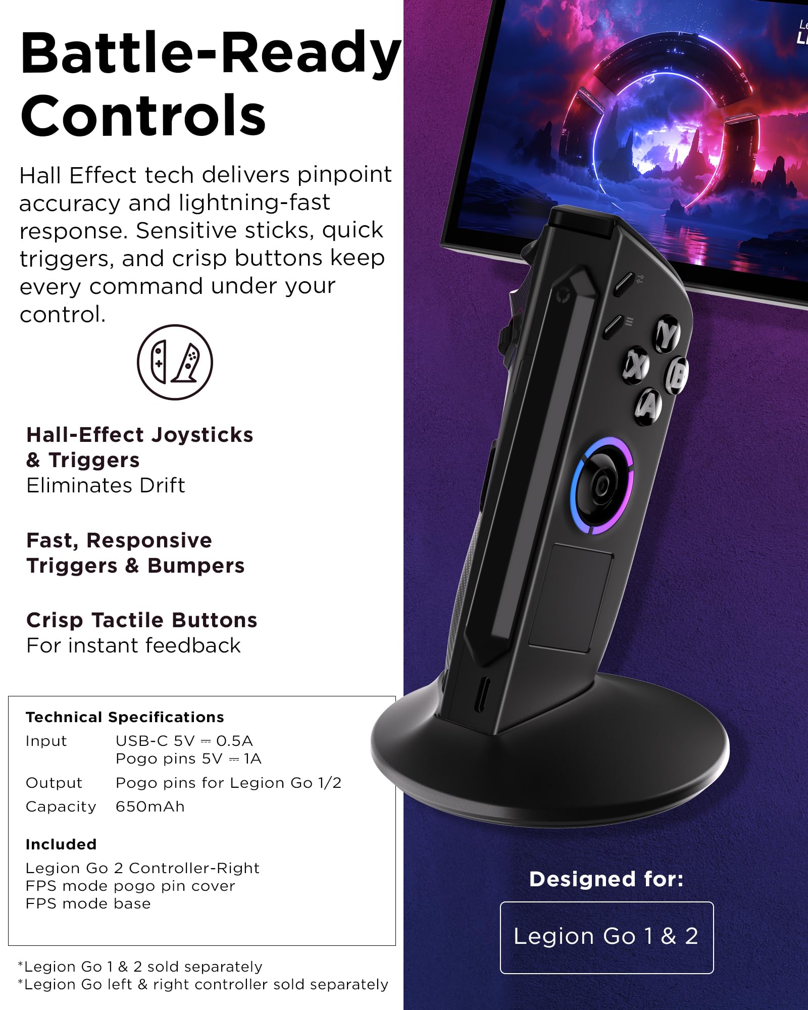 Lenovo Legion Go 2 Right Controller, Works with Legion Go 1 & 2, Hall Effect Joystick and Triggers, 10m Range, Black - Image 3