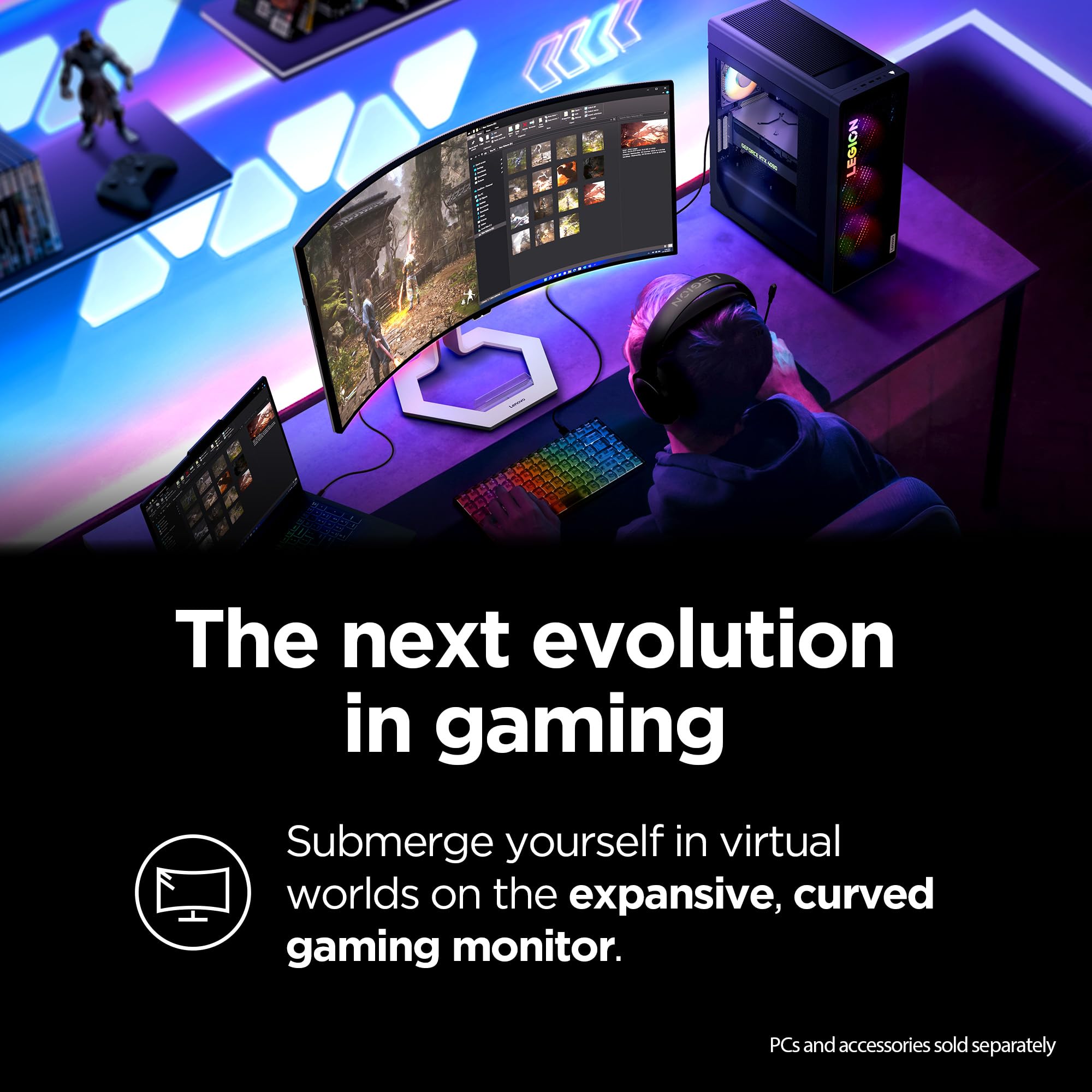 Lenovo Legion Pro 34WD-10 Curved Gaming Monitor – 34" WQHD OLED – 240Hz – AMD FreeSync™ PremiumPro – HDR TB400 – 0.03ms MPRT – KVM, USB-C, HDMI 2.1, DP 1.4 – Ergonomic Tilt Stand – Raven Black - Image 3