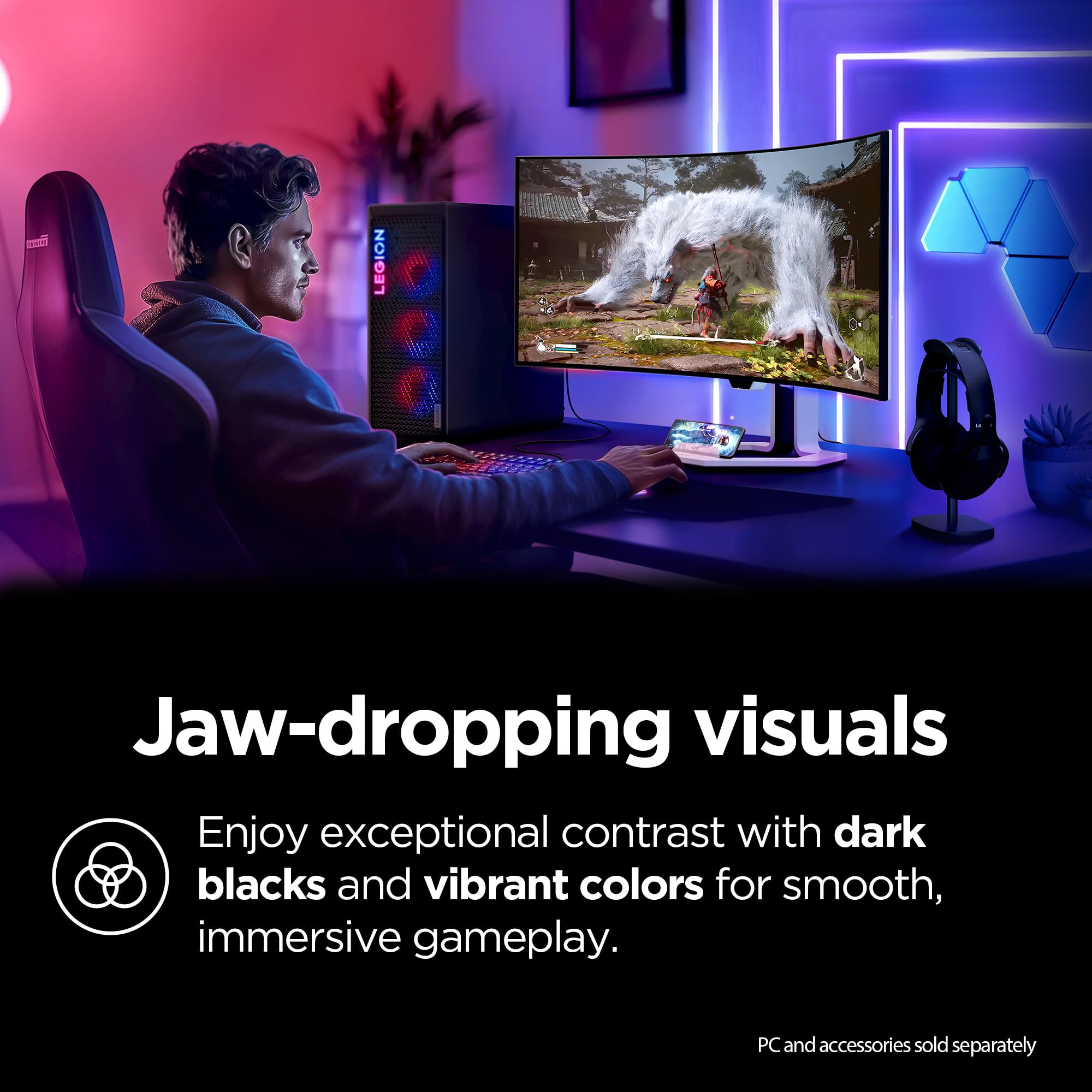 Lenovo Legion Pro 34WD-10 Curved Gaming Monitor – 34" WQHD OLED – 240Hz – AMD FreeSync™ PremiumPro – HDR TB400 – 0.03ms MPRT – KVM, USB-C, HDMI 2.1, DP 1.4 – Ergonomic Tilt Stand – Raven Black - Image 4