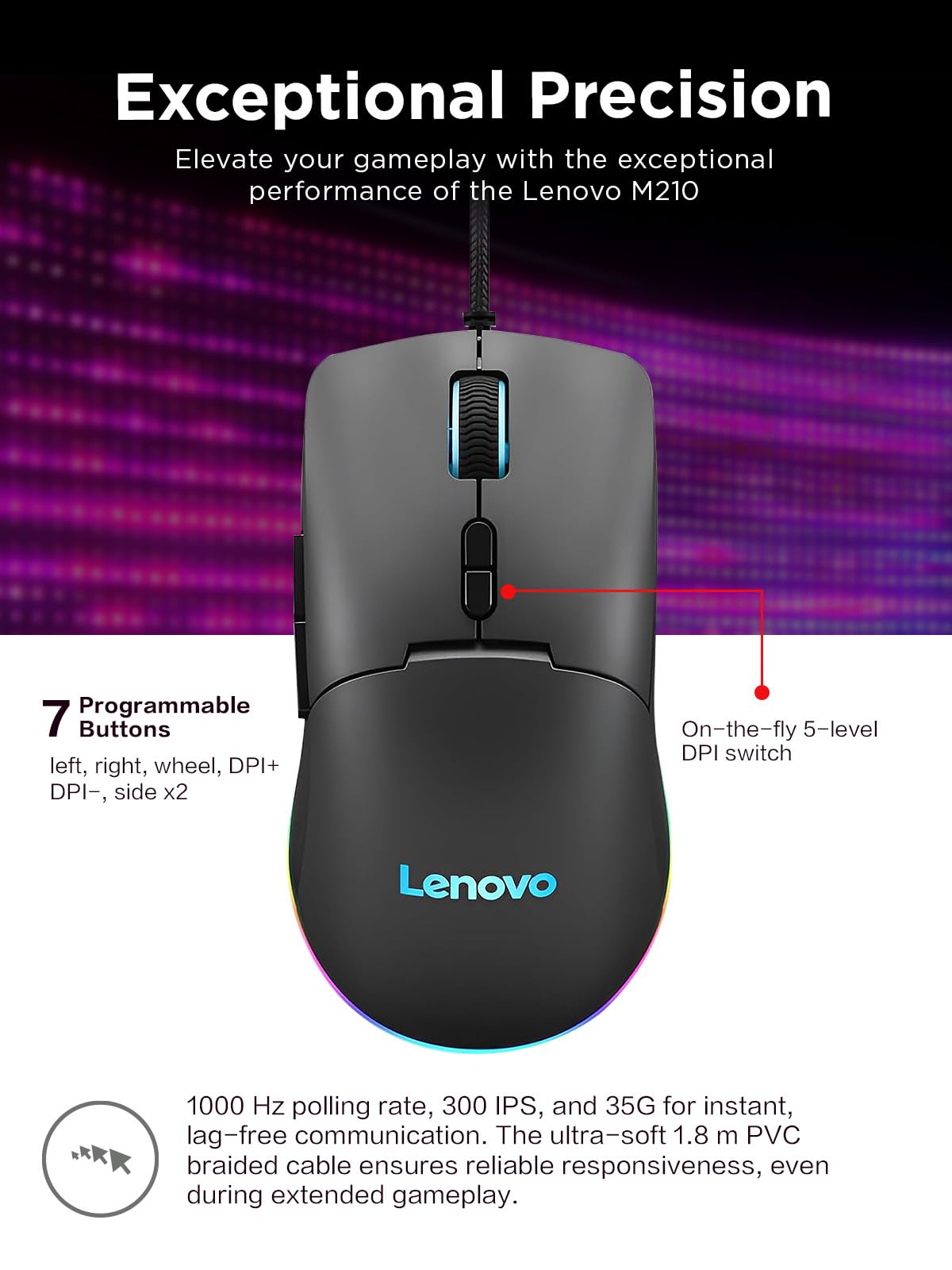 Lenovo M210 RGB Wired Gaming Mouse for PC, Laptop, Computer with Windows & Chrome OS - 3 Zone RGB, 8000 DPI Adjustable Sensor, 7 Programmable Buttons – Palm Grip Mouse for Gamers (Black) - Image 3