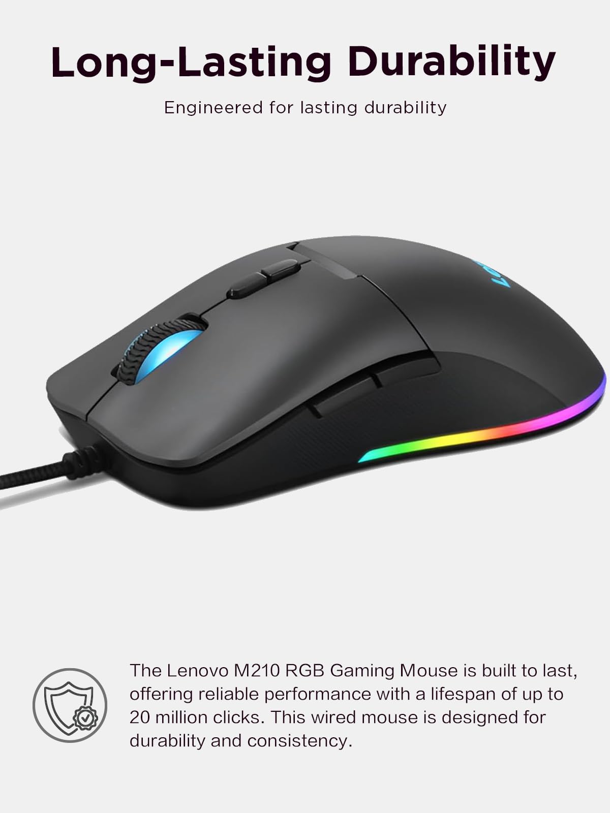 Lenovo M210 RGB Wired Gaming Mouse for PC, Laptop, Computer with Windows & Chrome OS - 3 Zone RGB, 8000 DPI Adjustable Sensor, 7 Programmable Buttons – Palm Grip Mouse for Gamers (Black) - Image 4