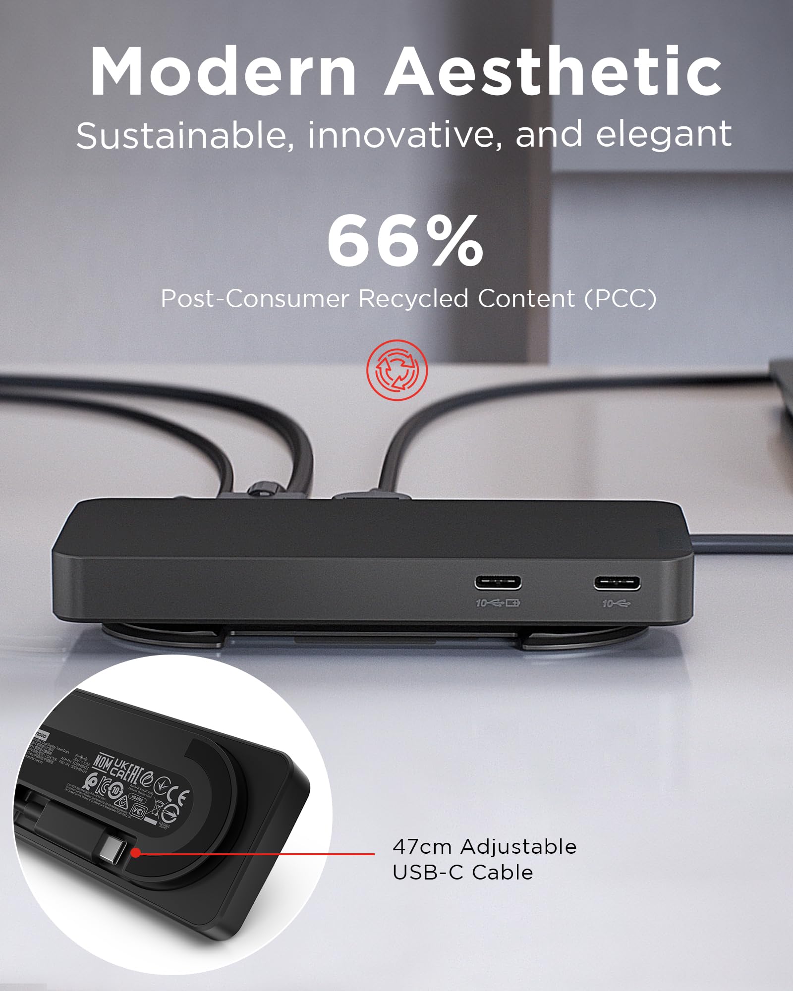 Lenovo USB-C Dual Display Travel Dock - 7 Ports, Integrated USB-C Cable, Universal Compatibility, Dual Displays at 4K - Black - Image 3