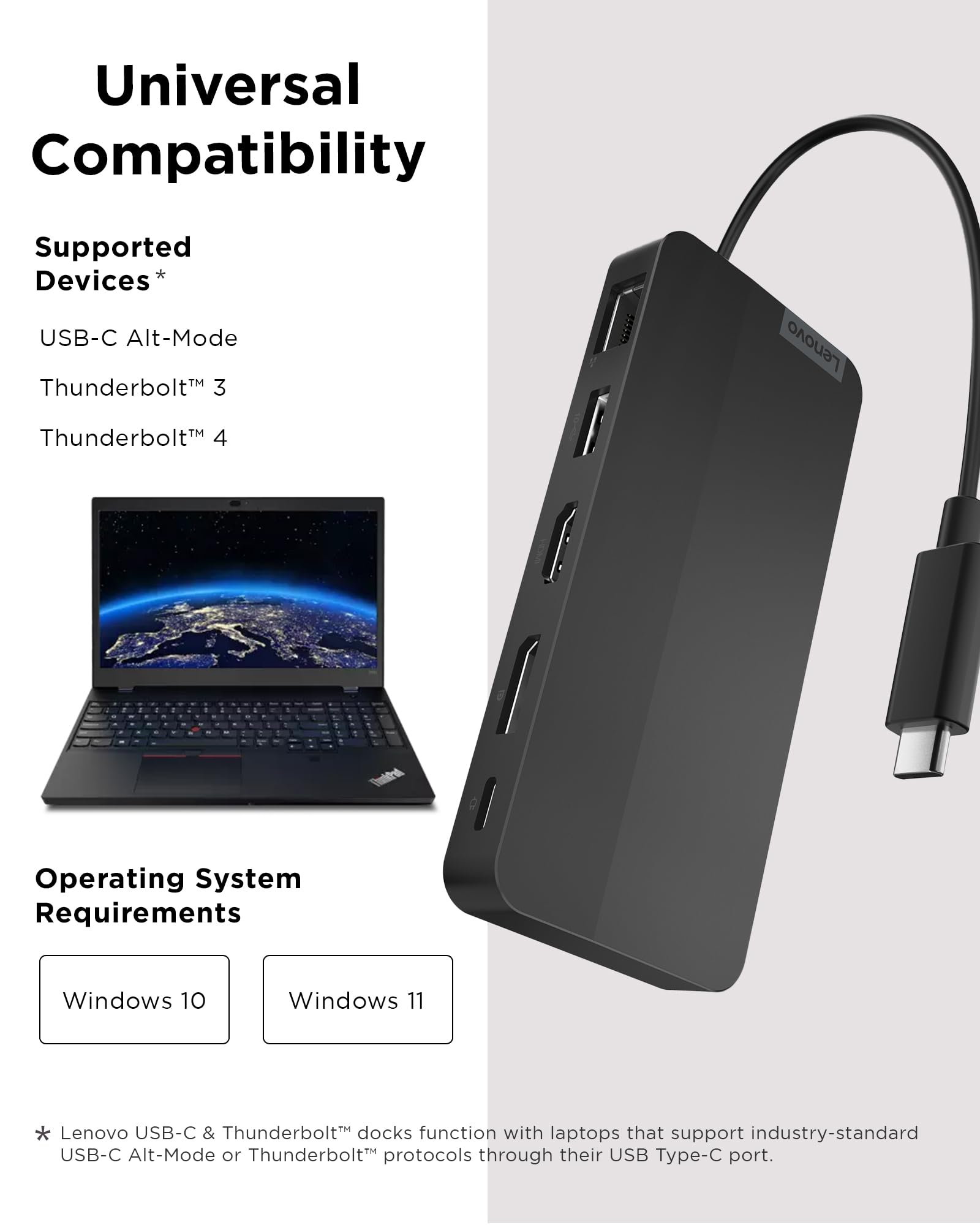 Lenovo USB-C Dual Display Travel Dock - 7 Ports, Integrated USB-C Cable, Universal Compatibility, Dual Displays at 4K - Black - Image 5