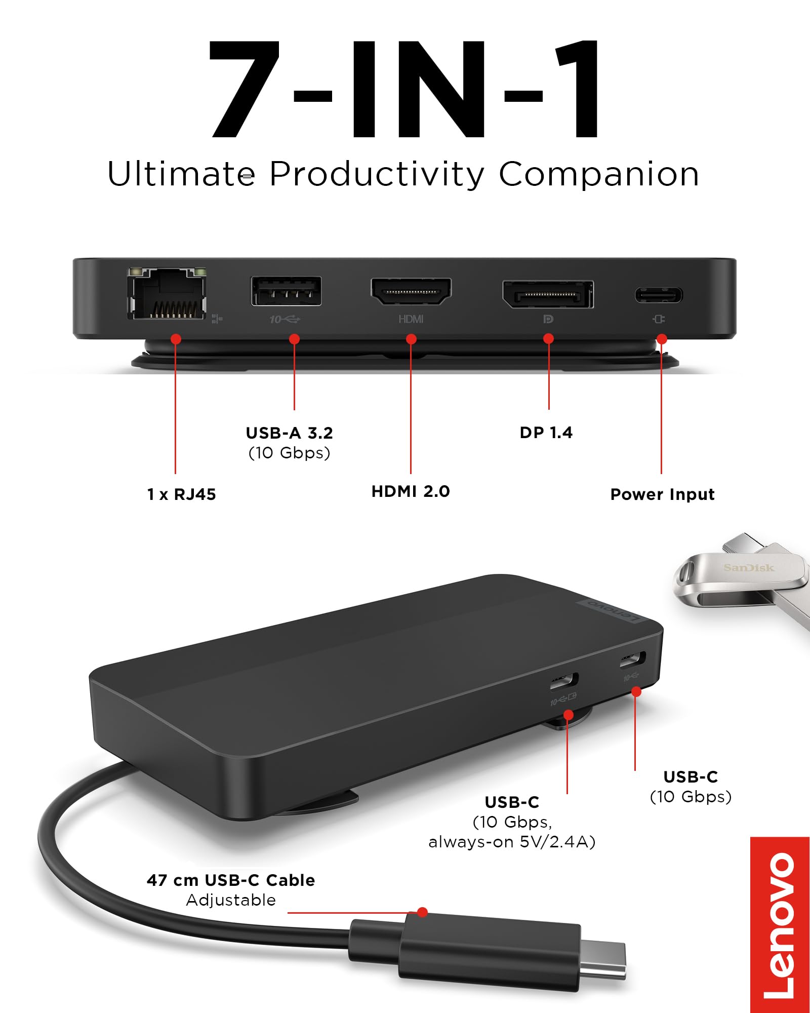 Lenovo USB-C Dual Display Travel Dock - 7 Ports, Integrated USB-C Cable, Universal Compatibility, Dual Displays at 4K - Black - Image 7