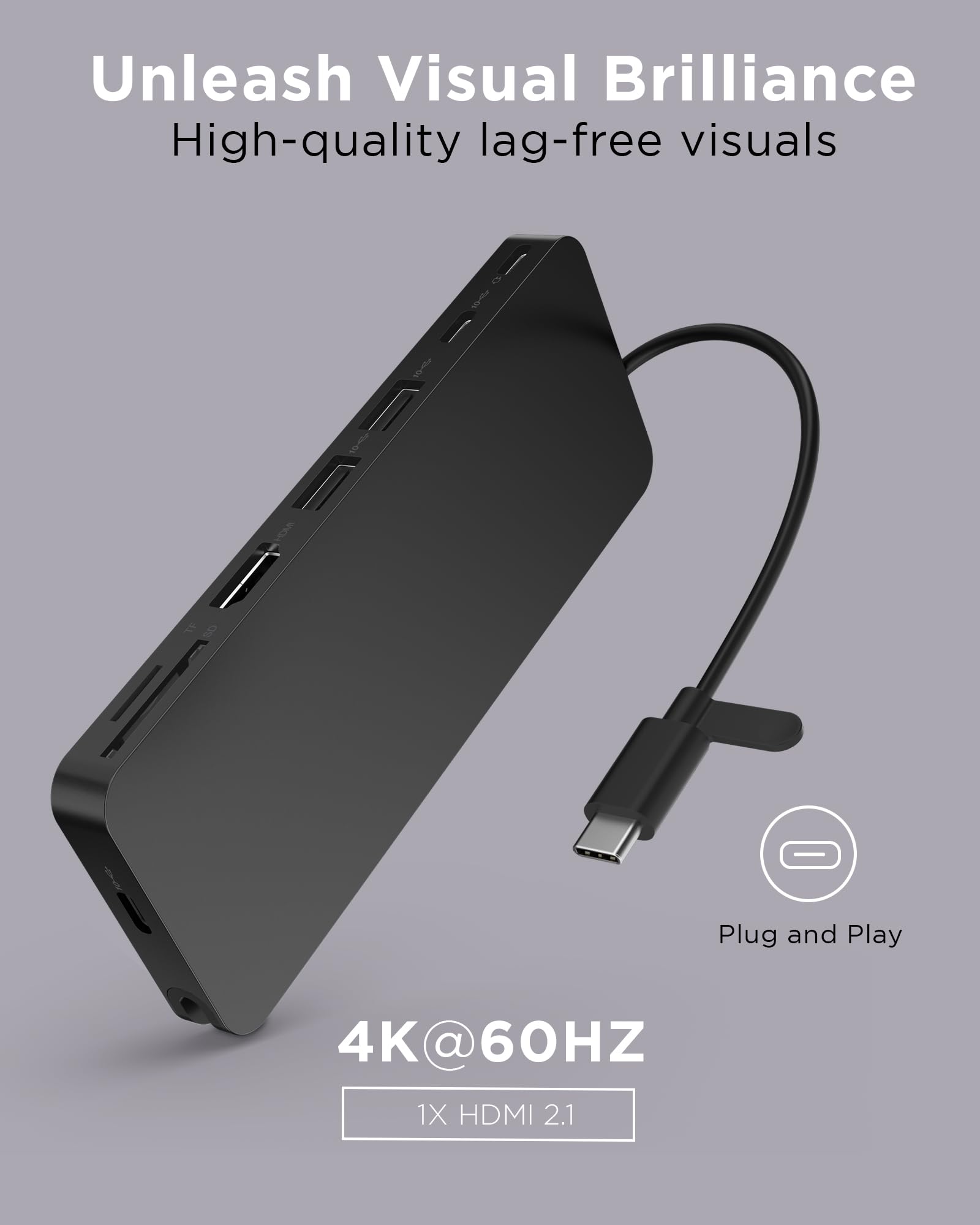 Lenovo USB-C Slim Travel Dock, 8 Ports, Up to 65W PD Pass Through, Integrated USB-C Cable, 4K Display Support, Black - Image 3