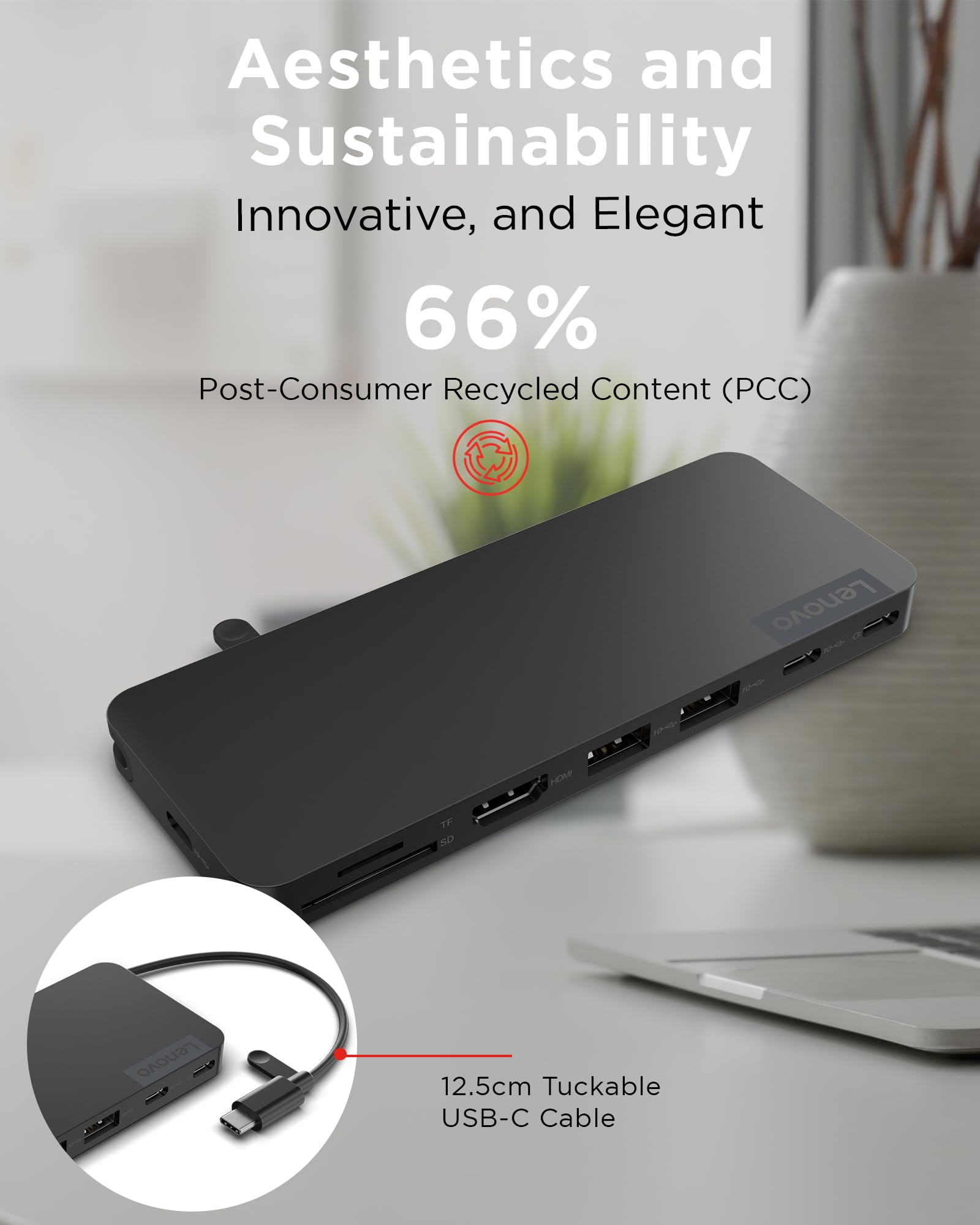 Lenovo USB-C Slim Travel Dock, 8 Ports, Up to 65W PD Pass Through, Integrated USB-C Cable, 4K Display Support, Black - Image 4