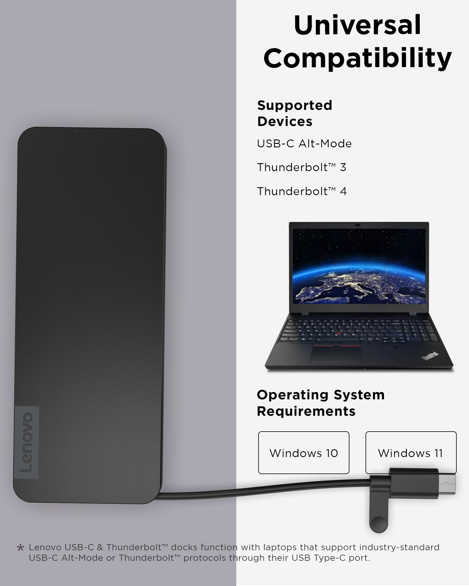 Lenovo USB-C Slim Travel Dock, 8 Ports, Up to 65W PD Pass Through, Integrated USB-C Cable, 4K Display Support, Black - Image 5
