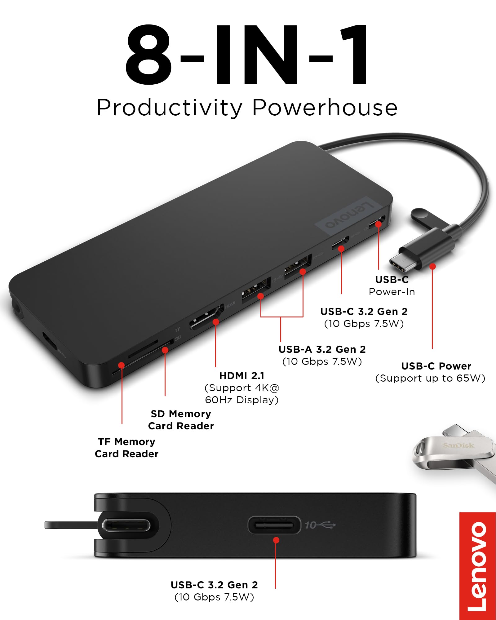 Lenovo USB-C Slim Travel Dock, 8 Ports, Up to 65W PD Pass Through, Integrated USB-C Cable, 4K Display Support, Black - Image 7