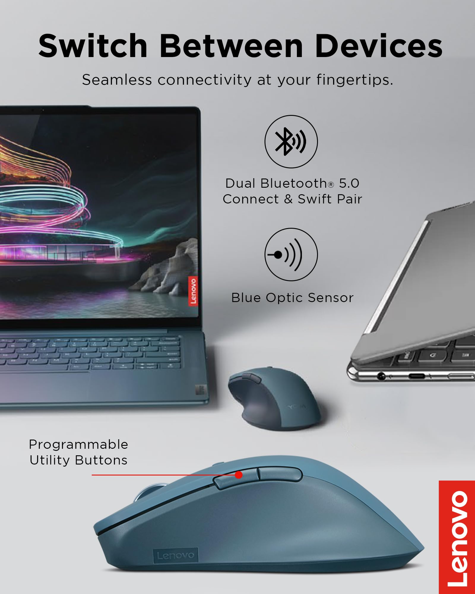 Lenovo Yoga Pro Mouse, Bluetooth, USB-C Rechargable, Dual Mode Bluetooth, 6 Button, Right Handed Design, Ergonomic Design, Programmable Buttons, 2-Way Metal Scroll Wheel, Tidal Teal - Image 3